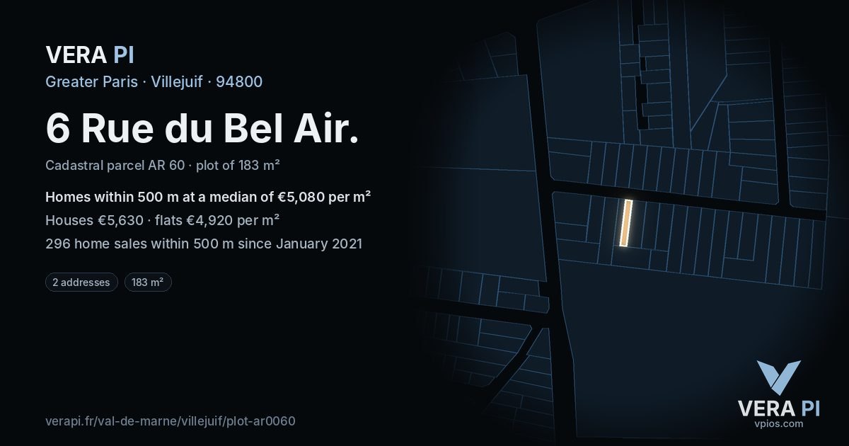 6 Rue du Bel Air, Villejuif at night – the plot lit, the parcels around coloured by the prices near them
