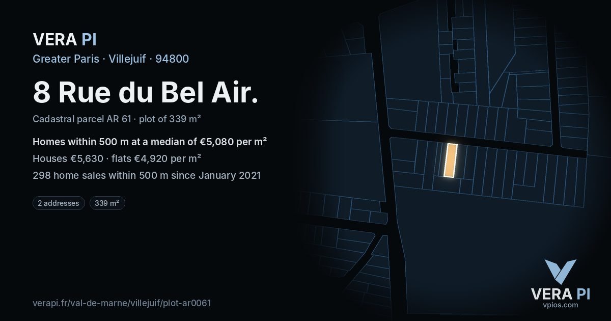 8 Rue du Bel Air, Villejuif at night – the plot lit, the parcels around coloured by the prices near them