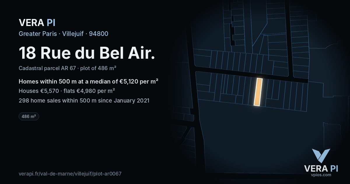 18 Rue du Bel Air, Villejuif at night – the plot lit, the parcels around coloured by the prices near them