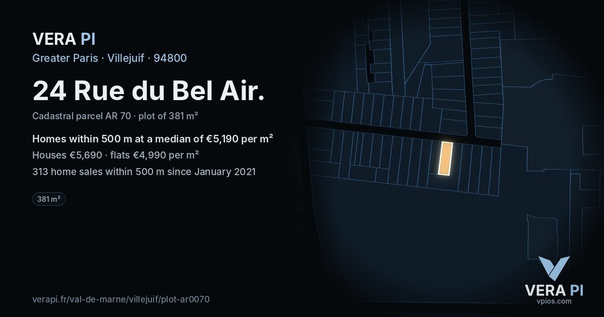 24 Rue du Bel Air, Villejuif at night – the plot lit, the parcels around coloured by the prices near them