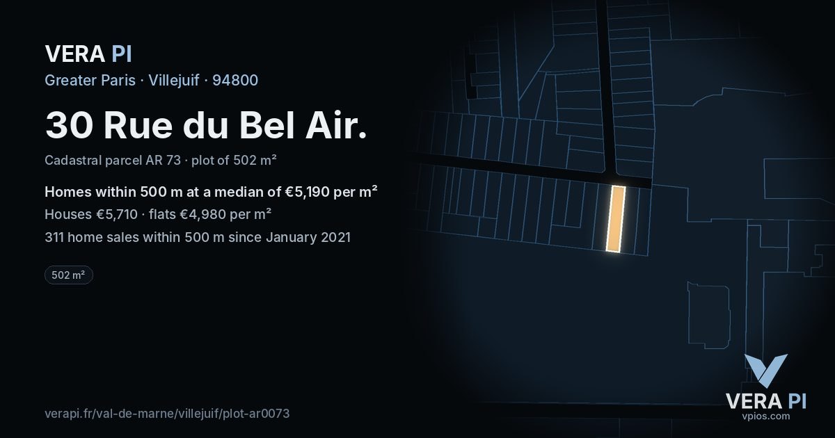30 Rue du Bel Air, Villejuif at night – the plot lit, the parcels around coloured by the prices near them