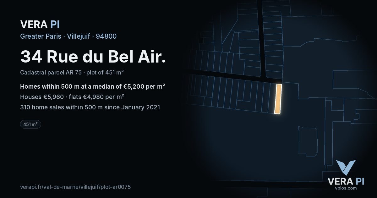34 Rue du Bel Air, Villejuif at night – the plot lit, the parcels around coloured by the prices near them