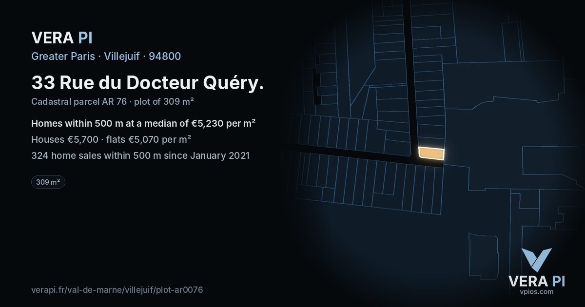 33 Rue du Docteur Quéry, Villejuif at night – the plot lit, the parcels around coloured by the prices near them