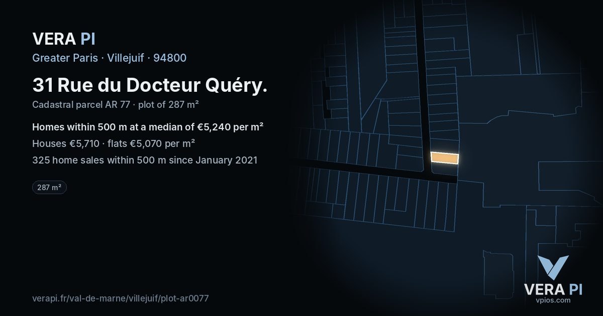 31 Rue du Docteur Quéry, Villejuif at night – the plot lit, the parcels around coloured by the prices near them