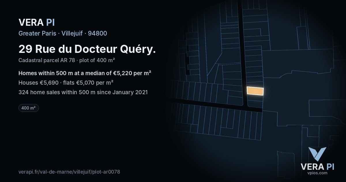 29 Rue du Docteur Quéry, Villejuif at night – the plot lit, the parcels around coloured by the prices near them