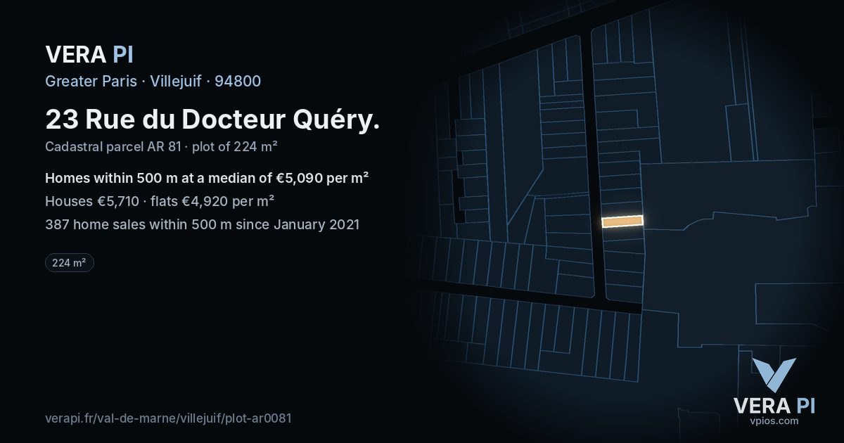 23 Rue du Docteur Quéry, Villejuif at night – the plot lit, the parcels around coloured by the prices near them