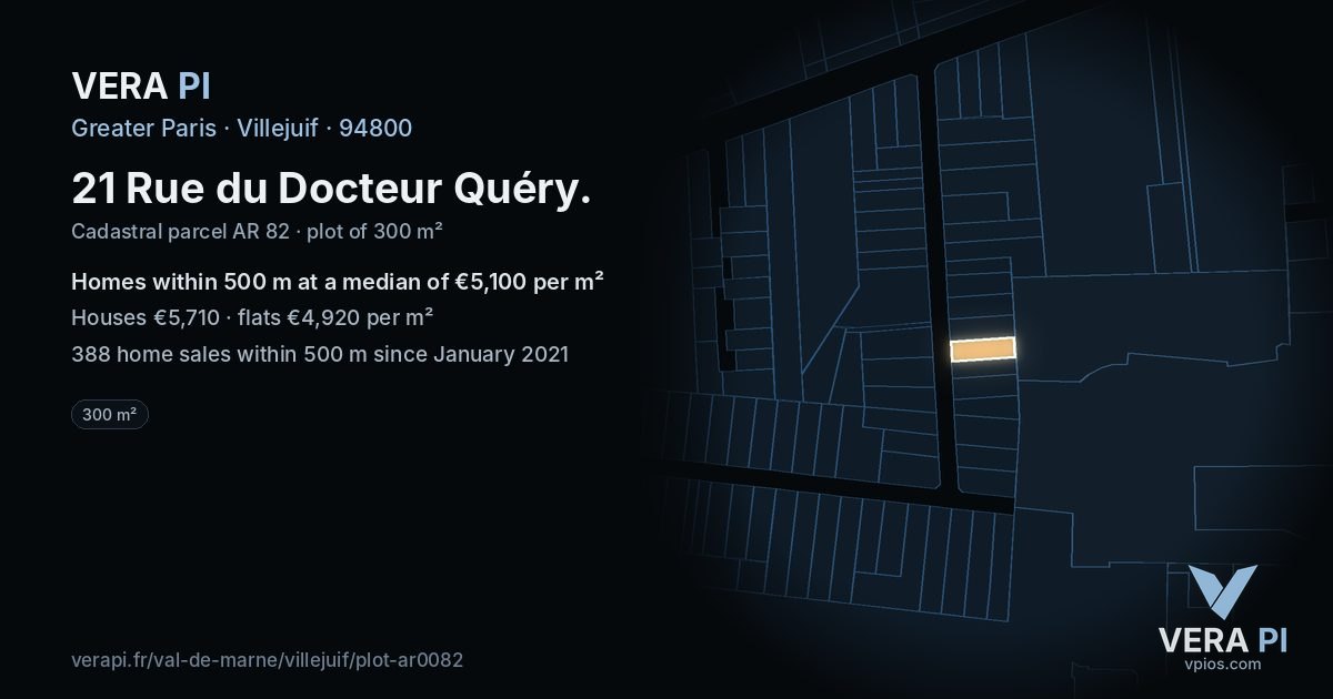 21 Rue du Docteur Quéry, Villejuif at night – the plot lit, the parcels around coloured by the prices near them