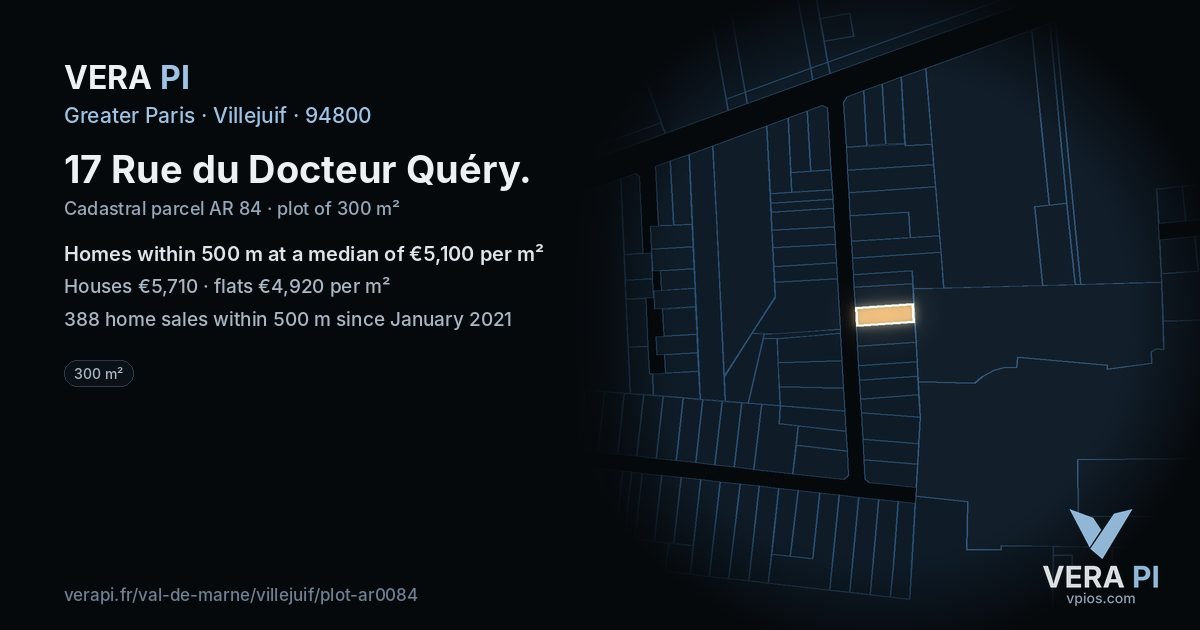 17 Rue du Docteur Quéry, Villejuif at night – the plot lit, the parcels around coloured by the prices near them