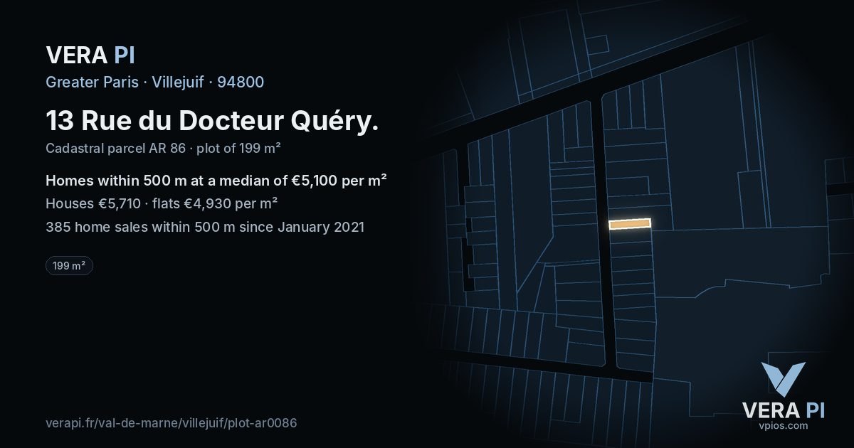 13 Rue du Docteur Quéry, Villejuif at night – the plot lit, the parcels around coloured by the prices near them