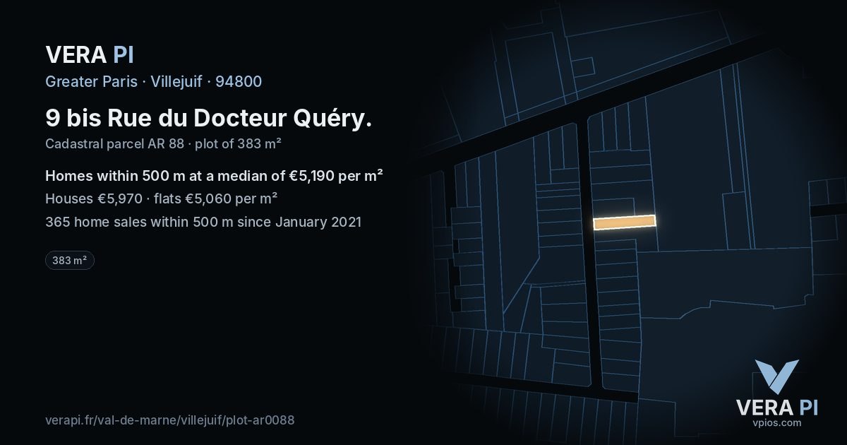 9 bis Rue du Docteur Quéry, Villejuif at night – the plot lit, the parcels around coloured by the prices near them