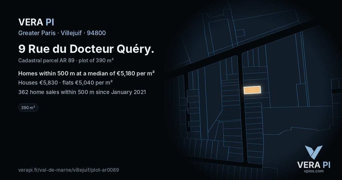 9 Rue du Docteur Quéry, Villejuif at night – the plot lit, the parcels around coloured by the prices near them