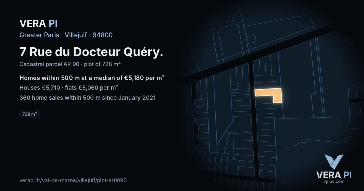 7 Rue du Docteur Quéry, Villejuif at night – the plot lit, the parcels around coloured by the prices near them