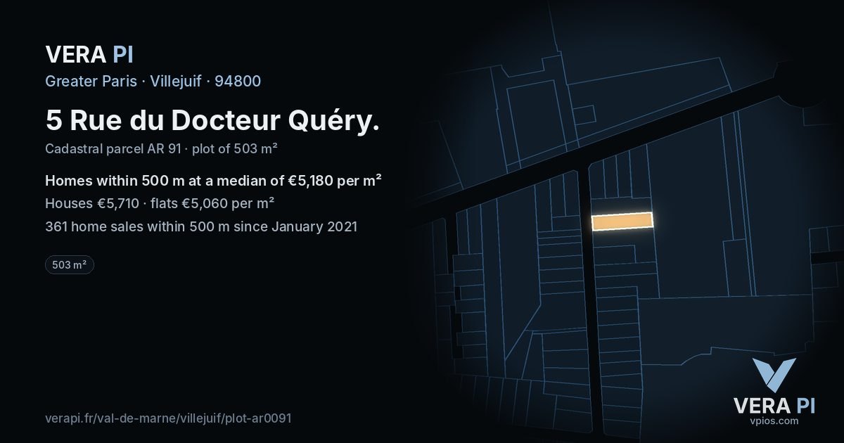 5 Rue du Docteur Quéry, Villejuif at night – the plot lit, the parcels around coloured by the prices near them