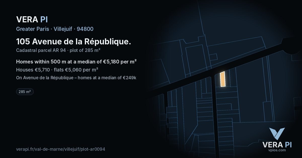 105 Avenue de la République, Villejuif at night – the plot lit, the parcels around coloured by the prices near them
