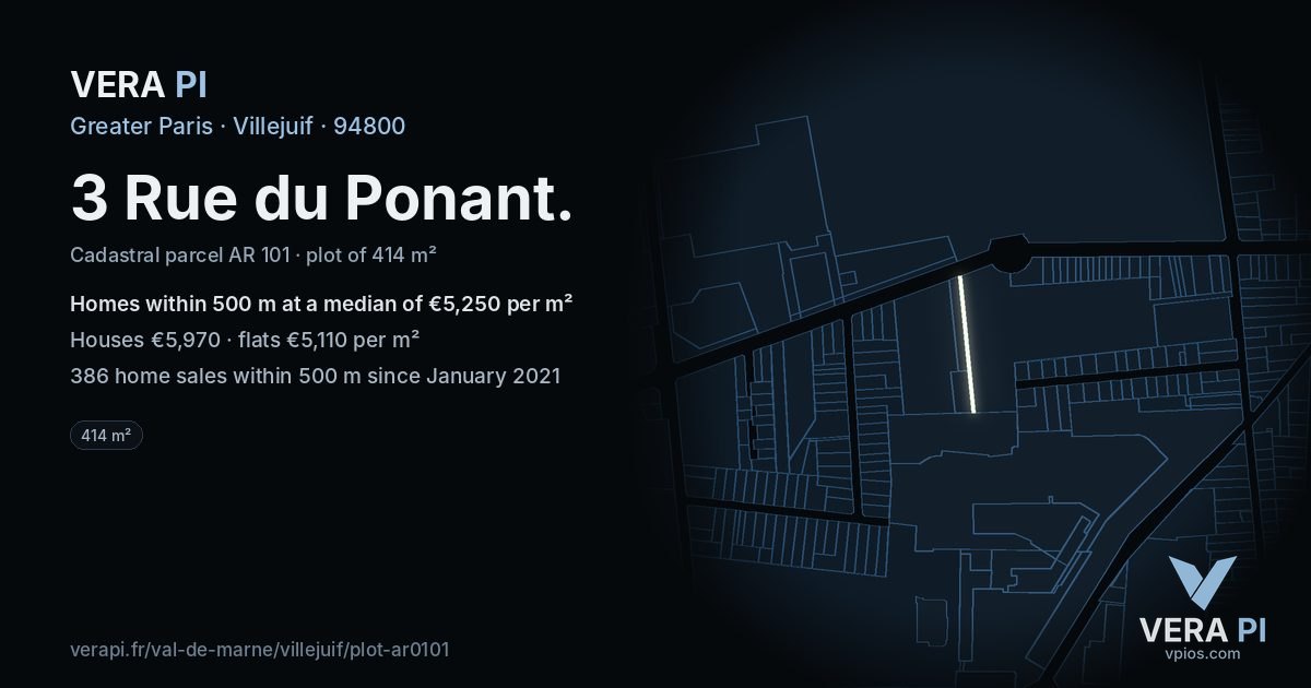3 Rue du Ponant, Villejuif at night – the plot lit, the parcels around coloured by the prices near them
