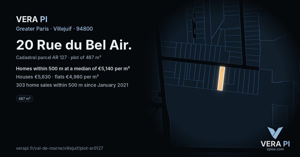 20 Rue du Bel Air, Villejuif at night – the plot lit, the parcels around coloured by the prices near them