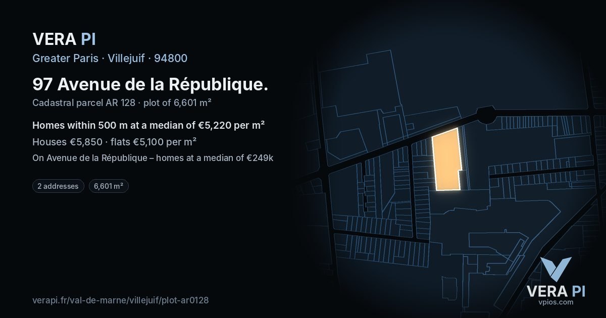 97 Avenue de la République, Villejuif at night – the plot lit, the parcels around coloured by the prices near them