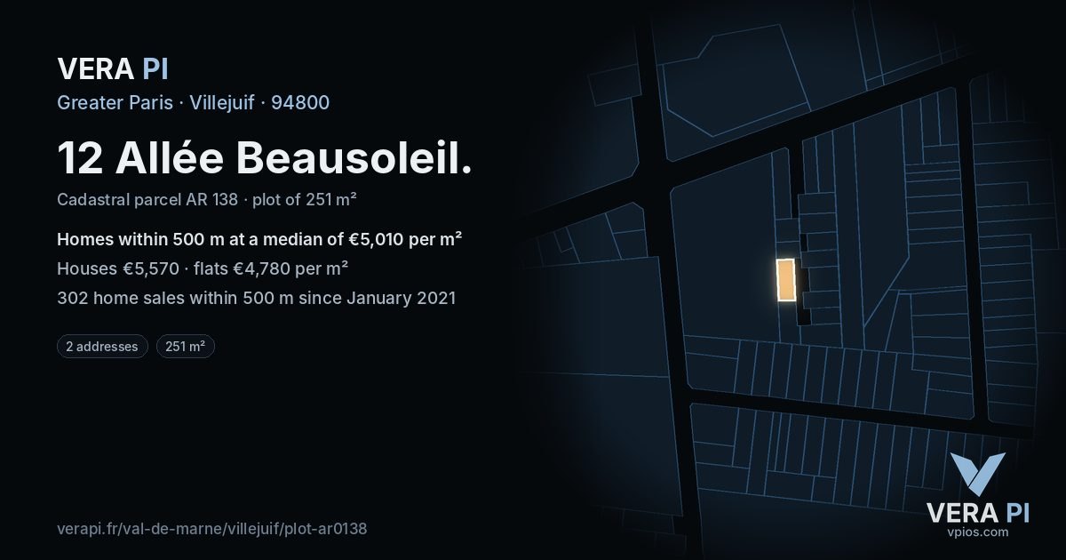 12 Allée Beausoleil, Villejuif at night – the plot lit, the parcels around coloured by the prices near them