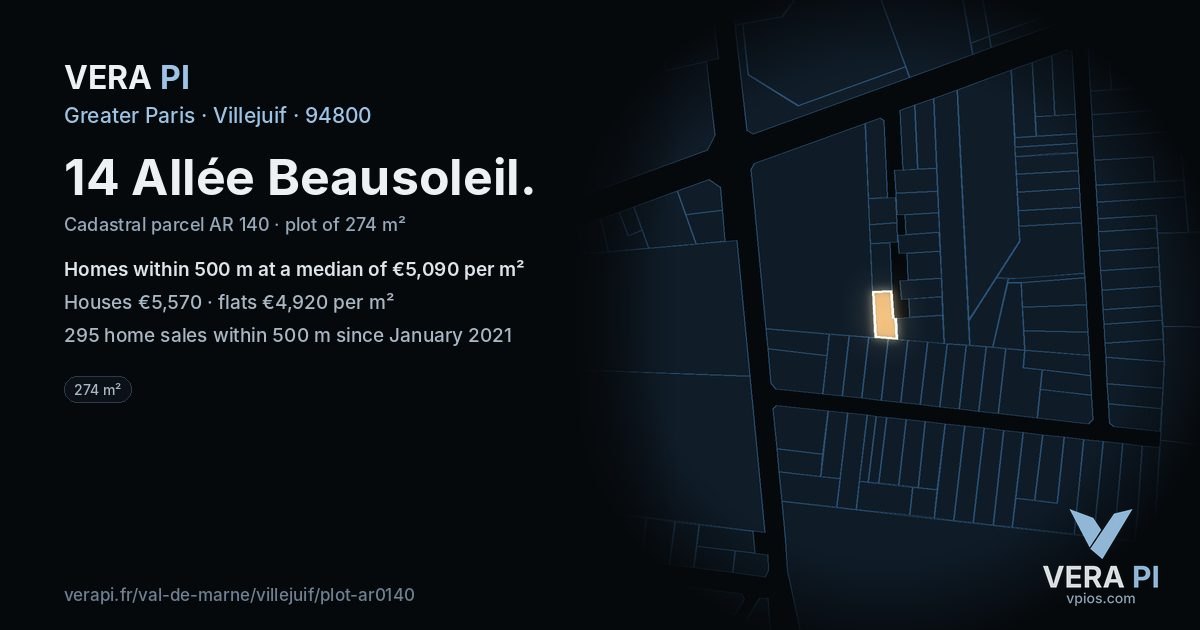 14 Allée Beausoleil, Villejuif at night – the plot lit, the parcels around coloured by the prices near them