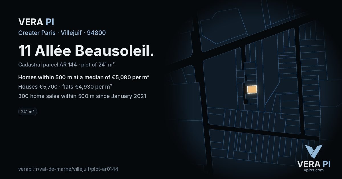11 Allée Beausoleil, Villejuif at night – the plot lit, the parcels around coloured by the prices near them
