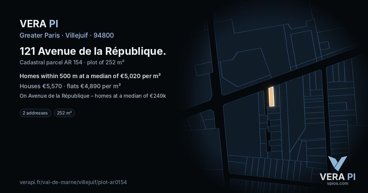 121 Avenue de la République, Villejuif at night – the plot lit, the parcels around coloured by the prices near them