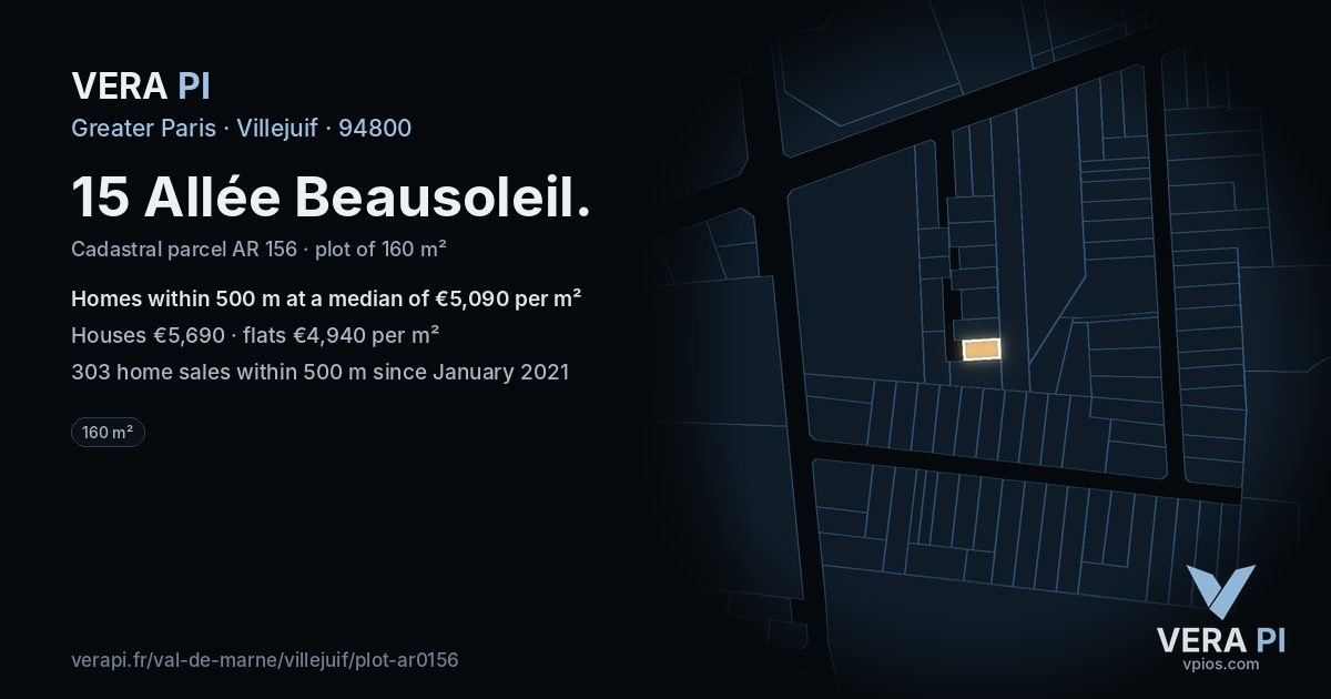 15 Allée Beausoleil, Villejuif at night – the plot lit, the parcels around coloured by the prices near them