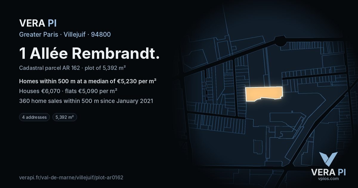 1 Allée Rembrandt, Villejuif at night – the plot lit, the parcels around coloured by the prices near them