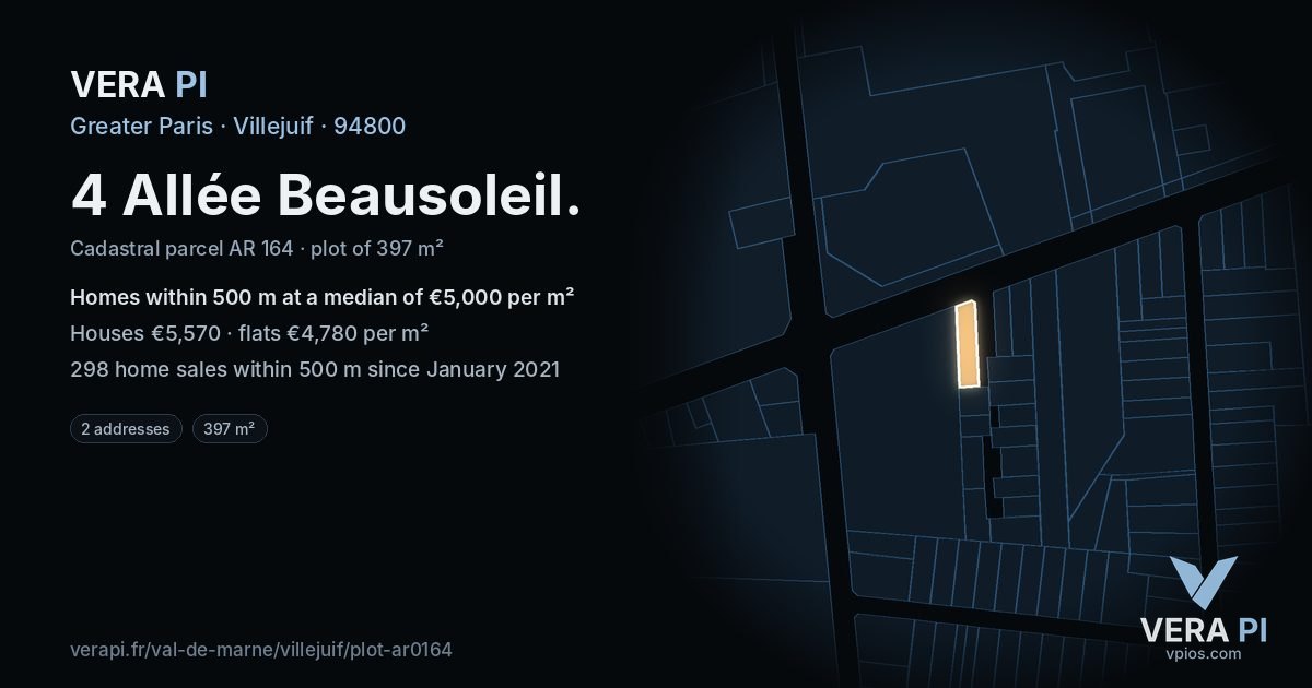 4 Allée Beausoleil, Villejuif at night – the plot lit, the parcels around coloured by the prices near them