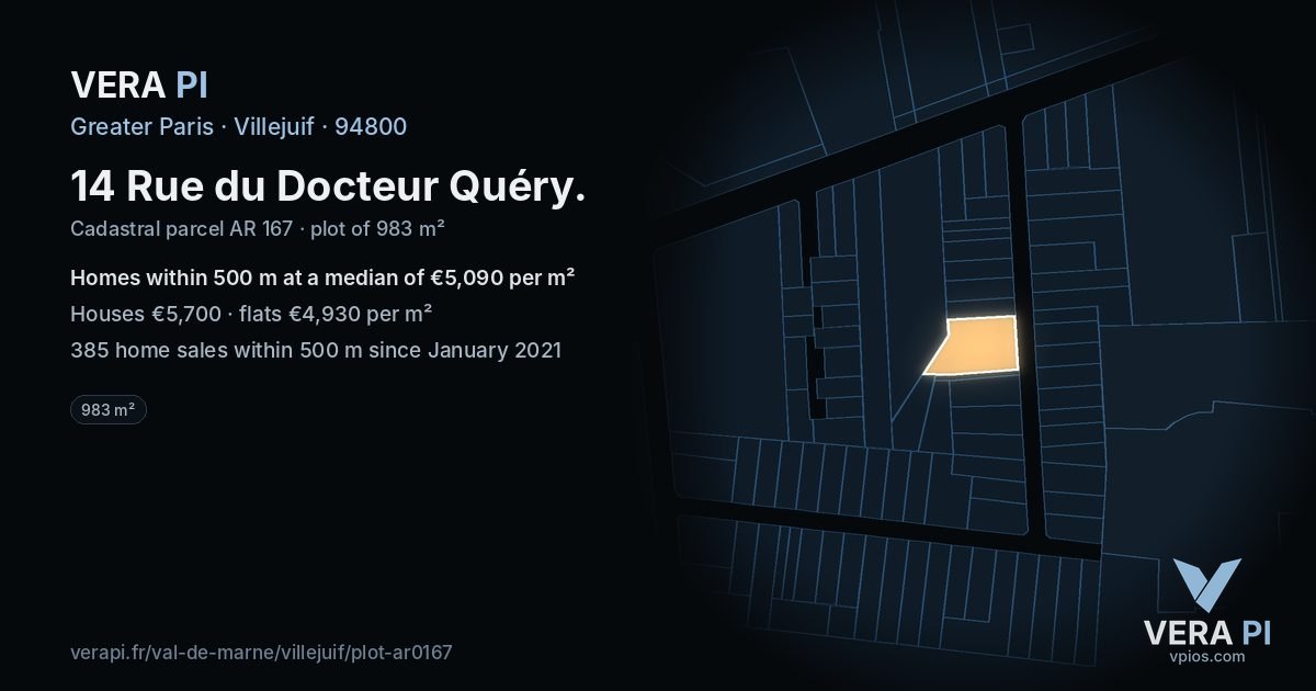 14 Rue du Docteur Quéry, Villejuif at night – the plot lit, the parcels around coloured by the prices near them