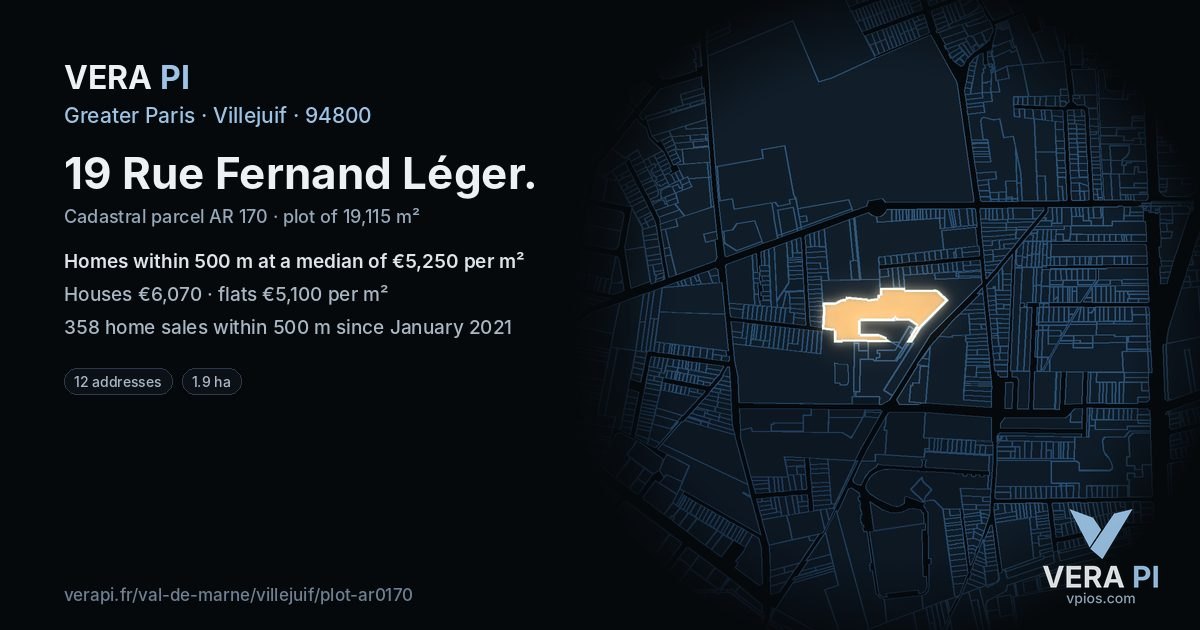 19 Rue Fernand Léger, Villejuif at night – the plot lit, the parcels around coloured by the prices near them