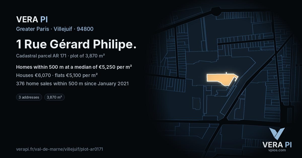 1 Rue Gérard Philipe, Villejuif at night – the plot lit, the parcels around coloured by the prices near them