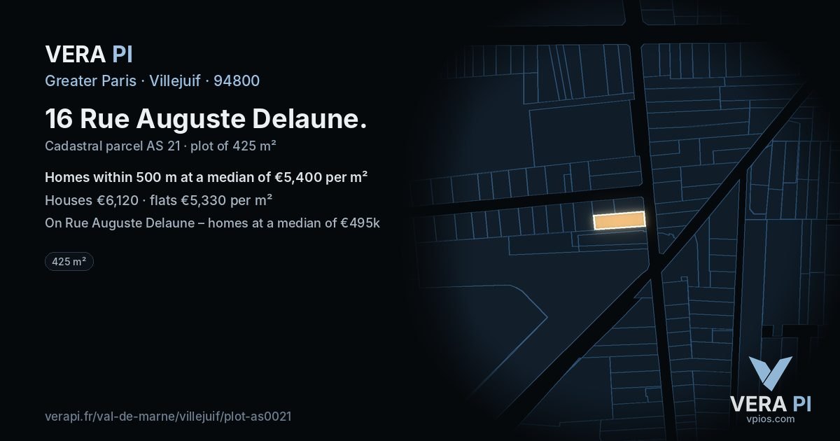 16 Rue Auguste Delaune, Villejuif at night – the plot lit, the parcels around coloured by the prices near them