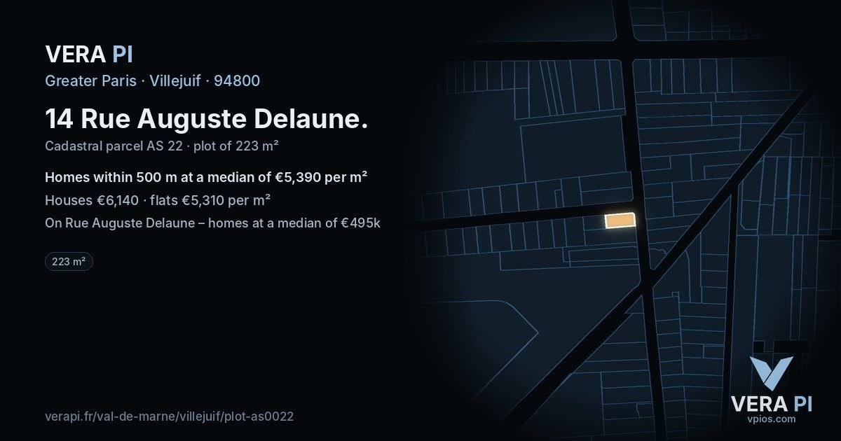 14 Rue Auguste Delaune, Villejuif at night – the plot lit, the parcels around coloured by the prices near them