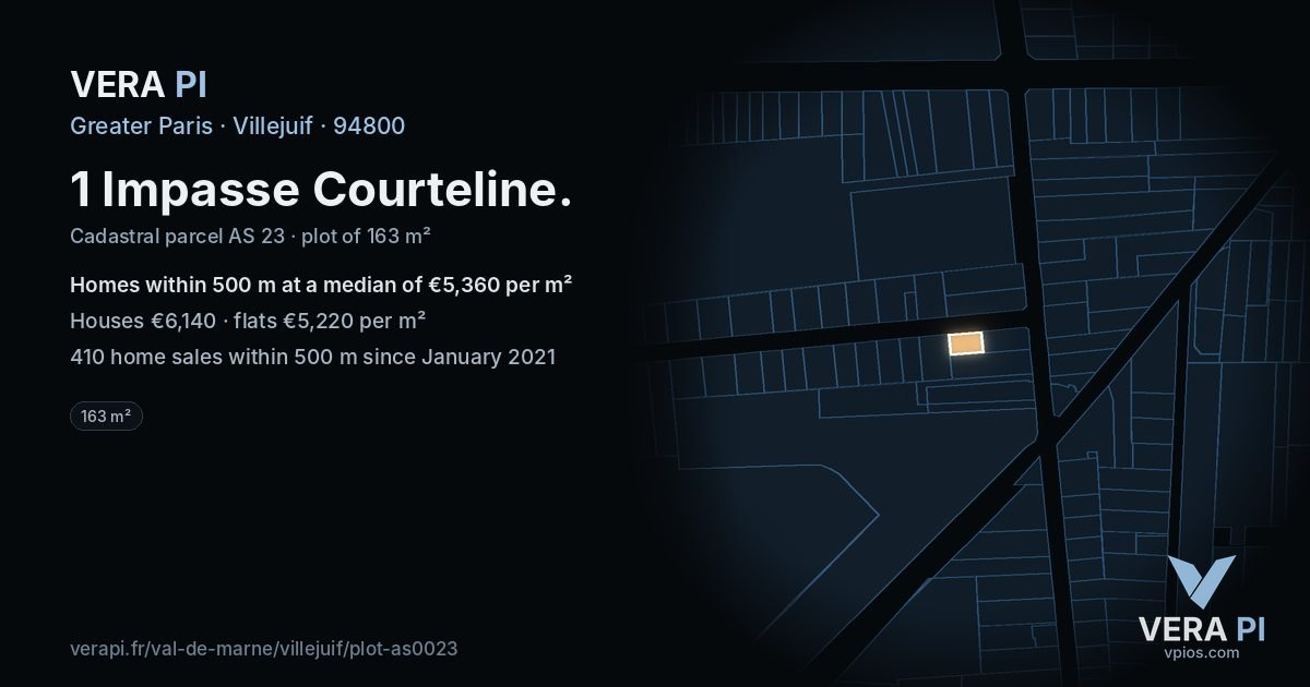 1 Impasse Courteline, Villejuif at night – the plot lit, the parcels around coloured by the prices near them