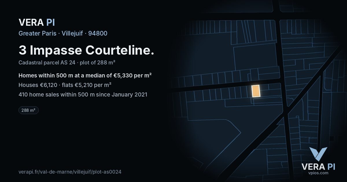 3 Impasse Courteline, Villejuif at night – the plot lit, the parcels around coloured by the prices near them