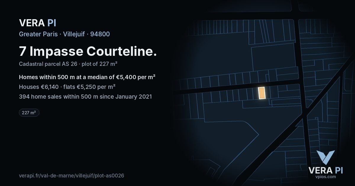 7 Impasse Courteline, Villejuif at night – the plot lit, the parcels around coloured by the prices near them