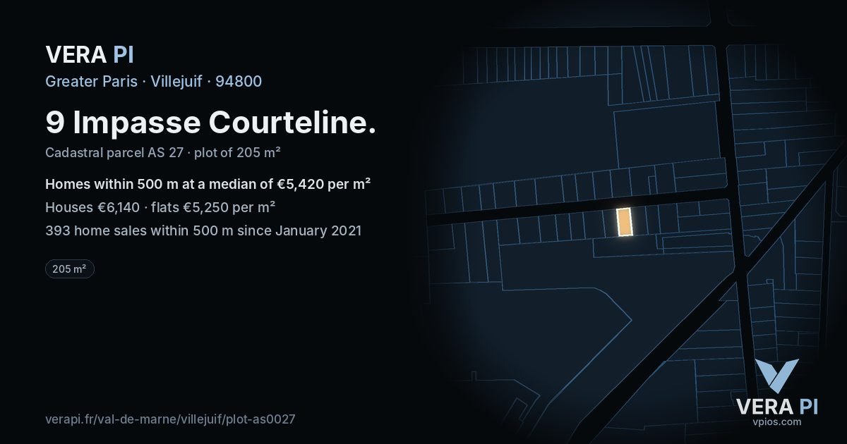 9 Impasse Courteline, Villejuif at night – the plot lit, the parcels around coloured by the prices near them