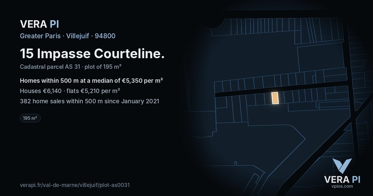 15 Impasse Courteline, Villejuif at night – the plot lit, the parcels around coloured by the prices near them