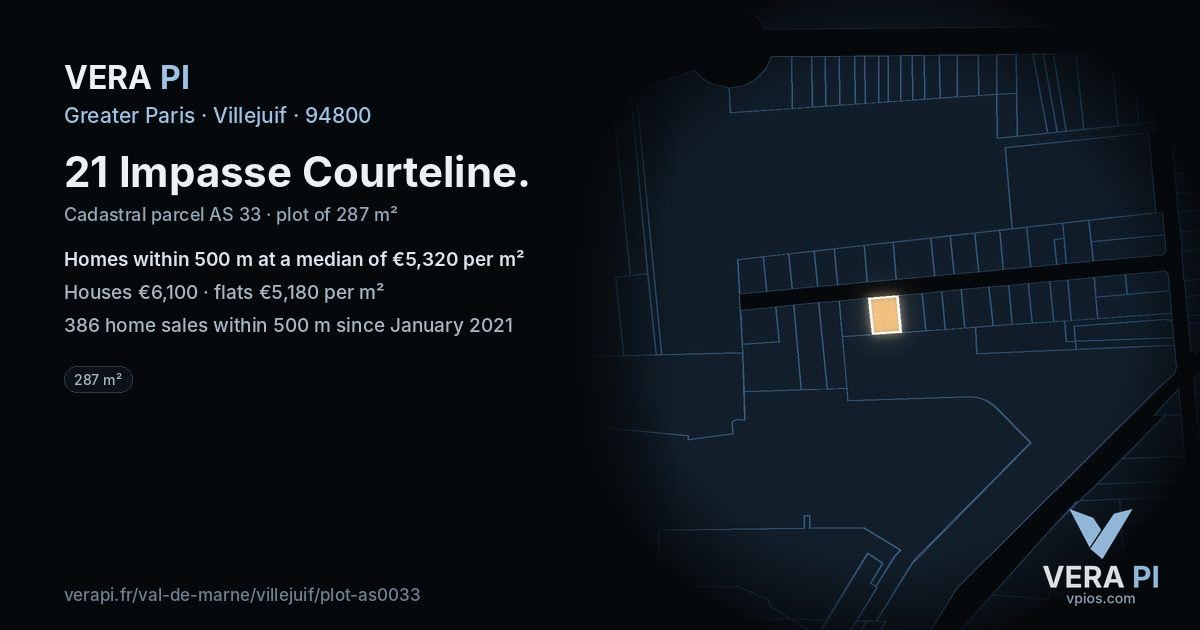 21 Impasse Courteline, Villejuif at night – the plot lit, the parcels around coloured by the prices near them