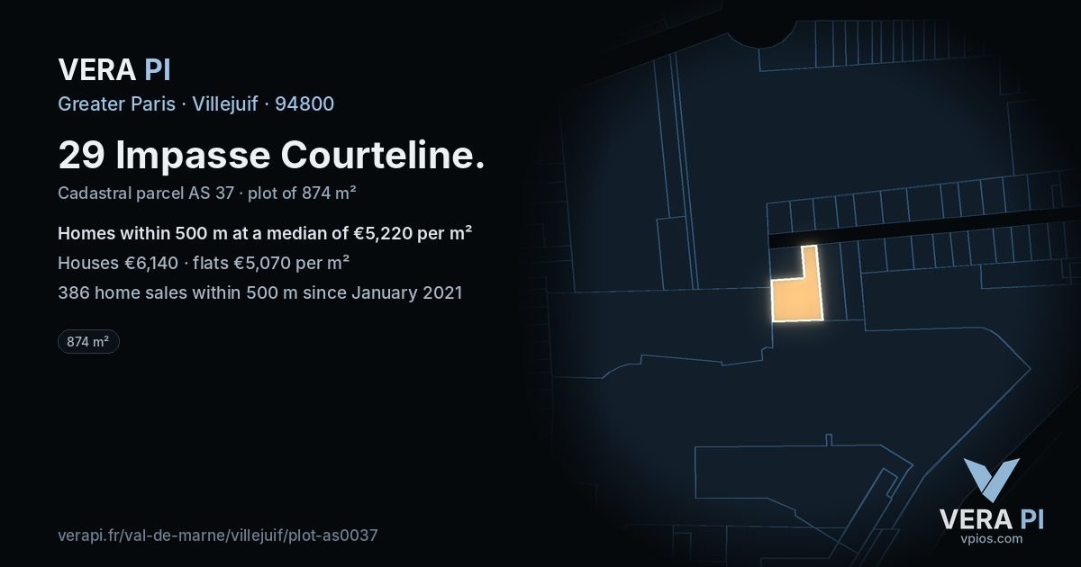 29 Impasse Courteline, Villejuif at night – the plot lit, the parcels around coloured by the prices near them