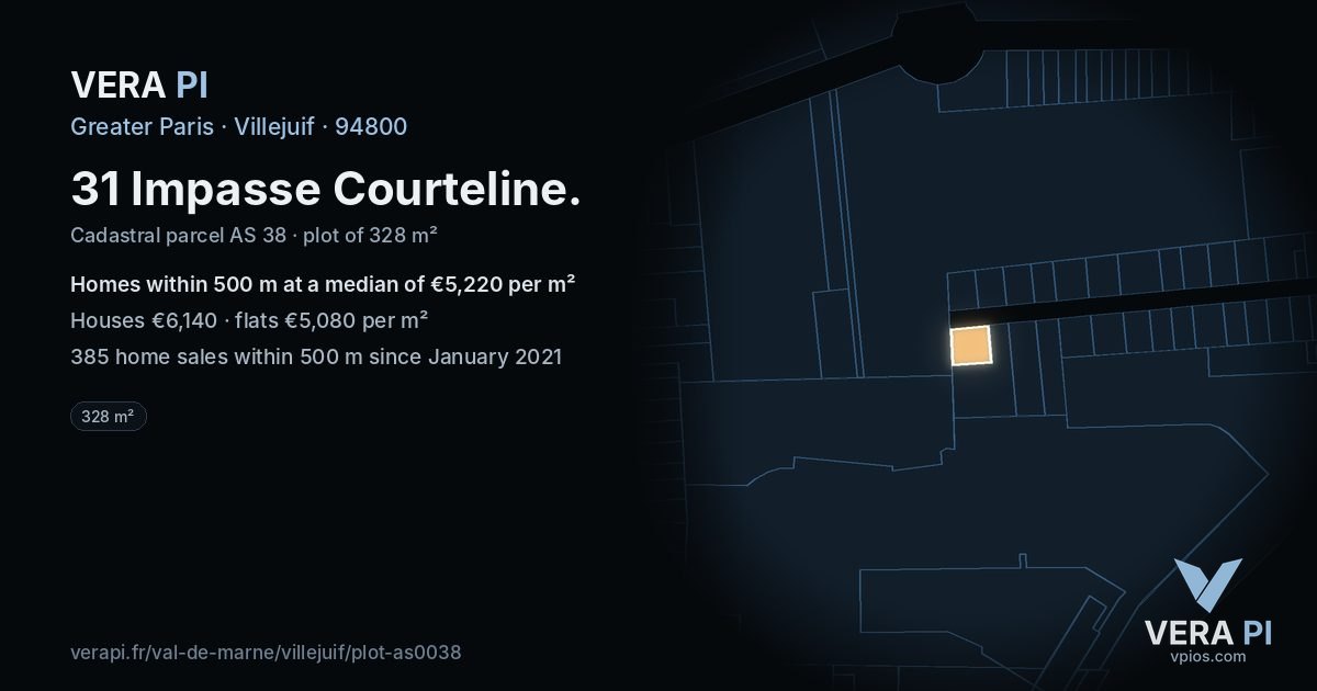 31 Impasse Courteline, Villejuif at night – the plot lit, the parcels around coloured by the prices near them