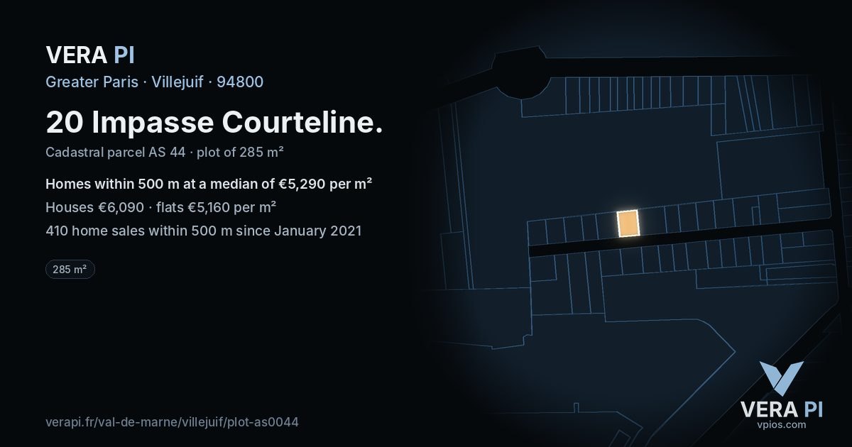 20 Impasse Courteline, Villejuif at night – the plot lit, the parcels around coloured by the prices near them