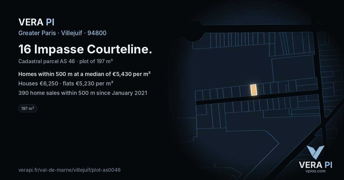 16 Impasse Courteline, Villejuif at night – the plot lit, the parcels around coloured by the prices near them