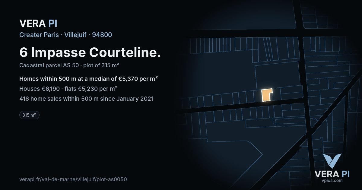 6 Impasse Courteline, Villejuif at night – the plot lit, the parcels around coloured by the prices near them