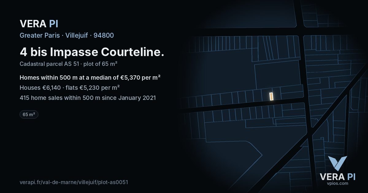 4 bis Impasse Courteline, Villejuif at night – the plot lit, the parcels around coloured by the prices near them