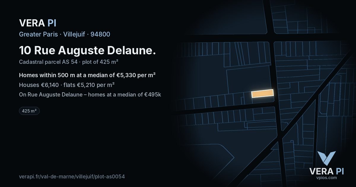 10 Rue Auguste Delaune, Villejuif at night – the plot lit, the parcels around coloured by the prices near them