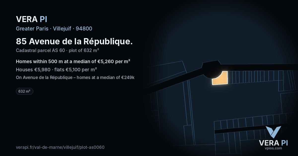85 Avenue de la République, Villejuif at night – the plot lit, the parcels around coloured by the prices near them