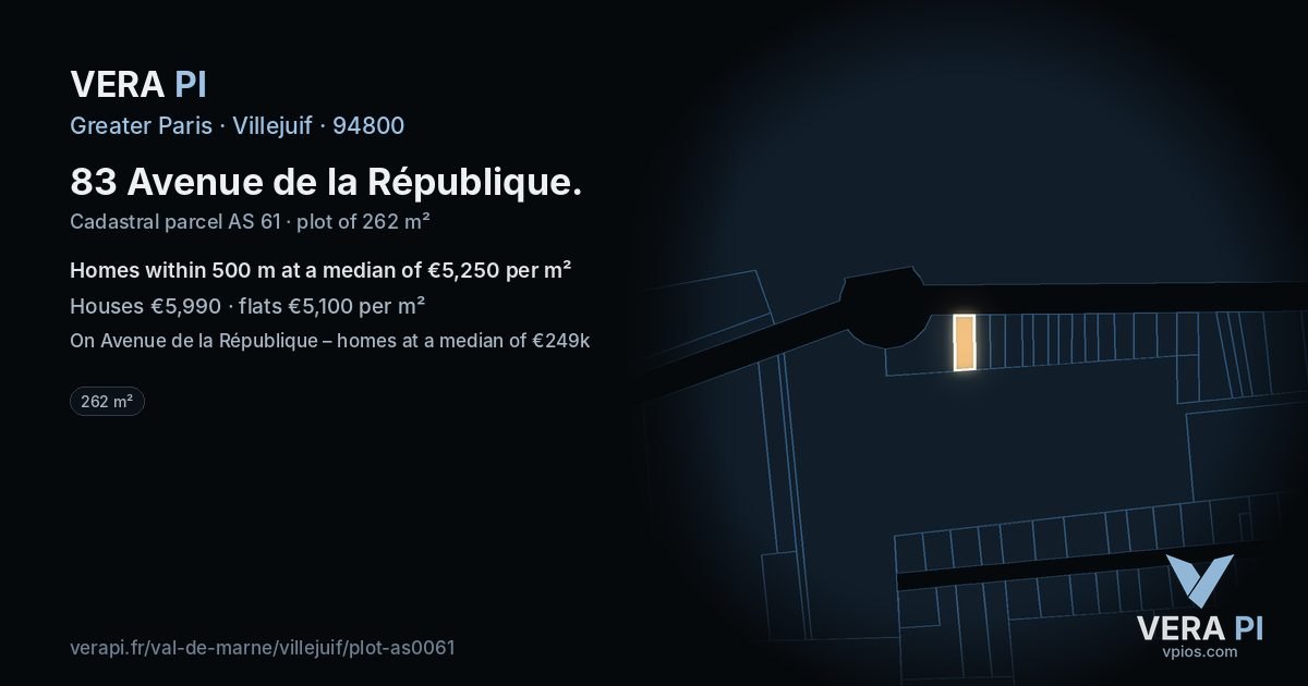 83 Avenue de la République, Villejuif at night – the plot lit, the parcels around coloured by the prices near them