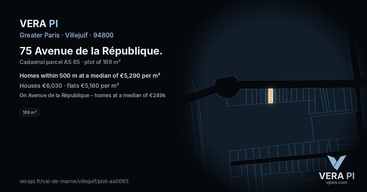 75 Avenue de la République, Villejuif at night – the plot lit, the parcels around coloured by the prices near them