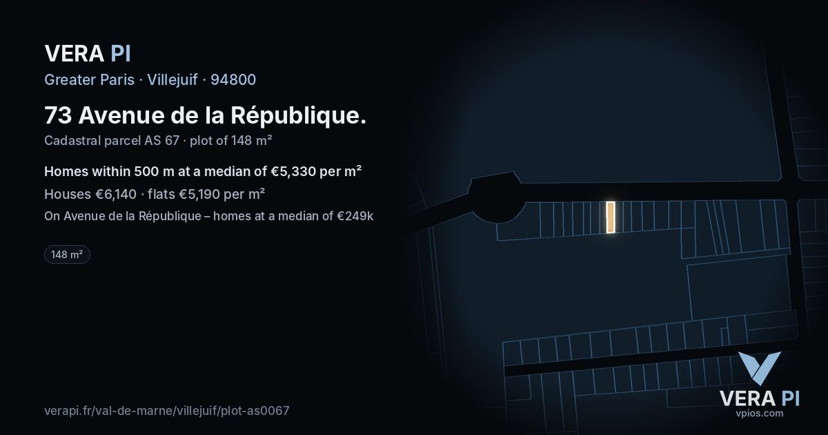 73 Avenue de la République, Villejuif at night – the plot lit, the parcels around coloured by the prices near them